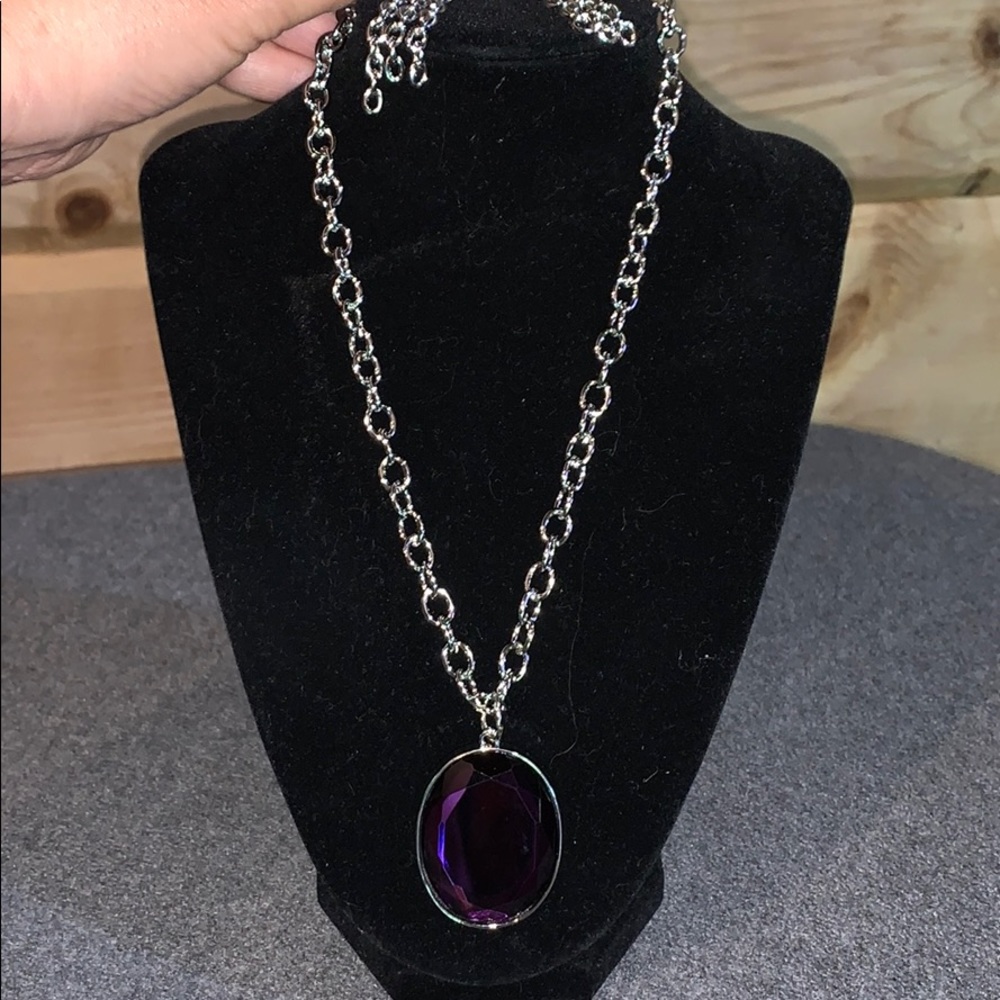 Short Silver Necklace/Purple Pendant w/earrings